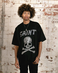 Saint Morta Skull And Bones Rhinestone T-Shirt Black