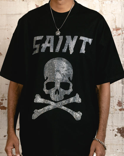 Saint Morta Skull And Bones Rhinestone T-Shirt Black