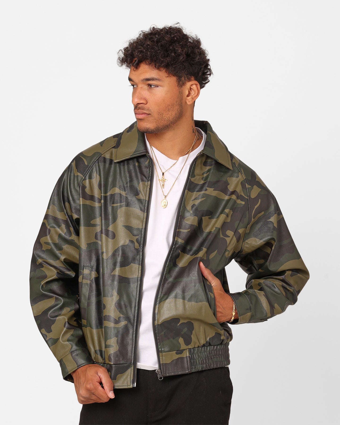 XXIII CAMOUFLAGE PU LEATHER PUFFER JACKET L Cillian Camo PU 