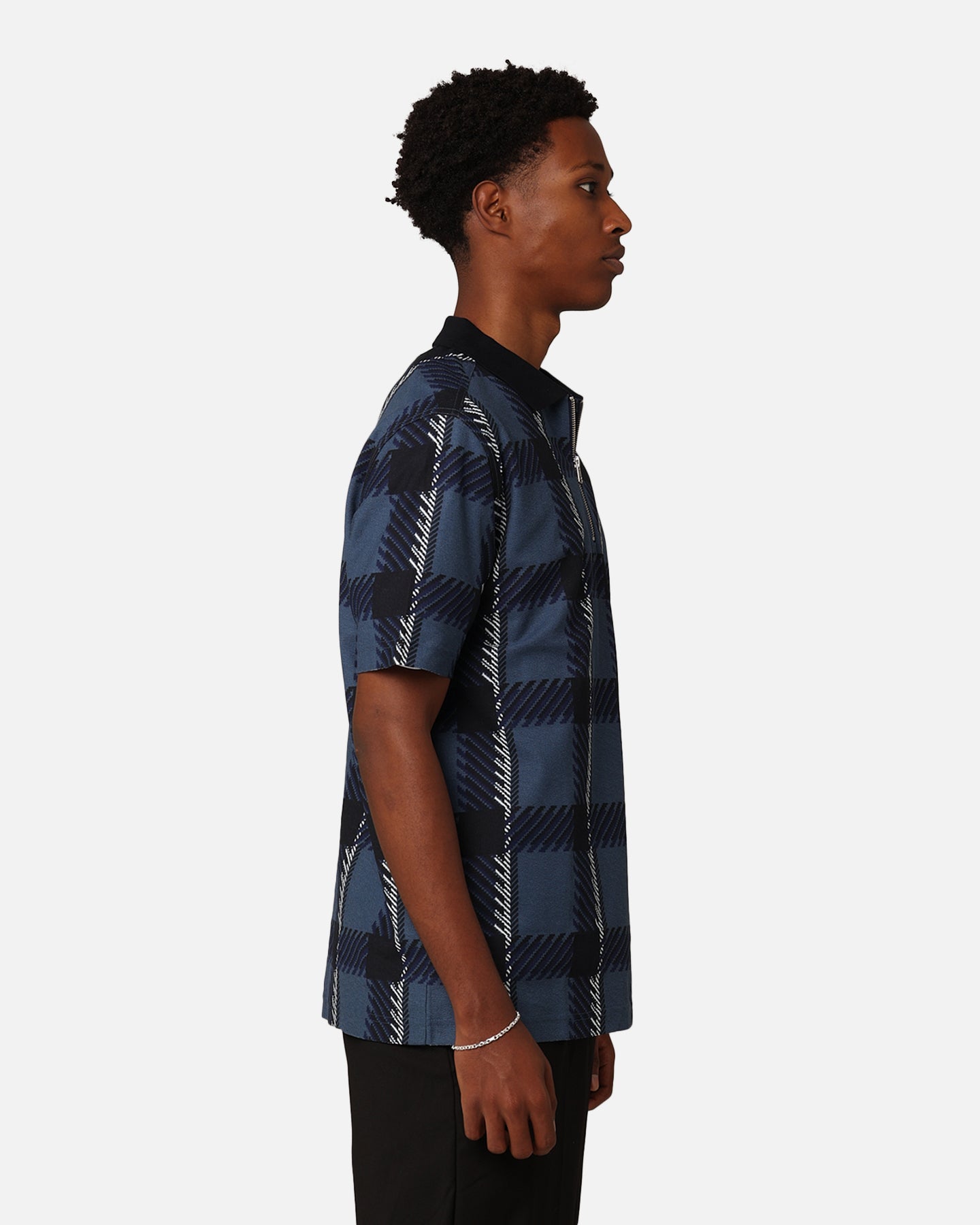 FRED PERRY チェック ポロシャツ Fred Perry Glitch Tartan Zip Neck Polo Shirt Midnight Blue