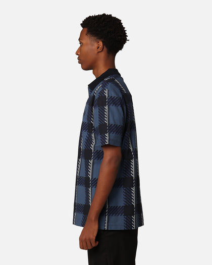 Fred Perry Glitch Tartan Zip Neck Polo Shirt Midnight Blue