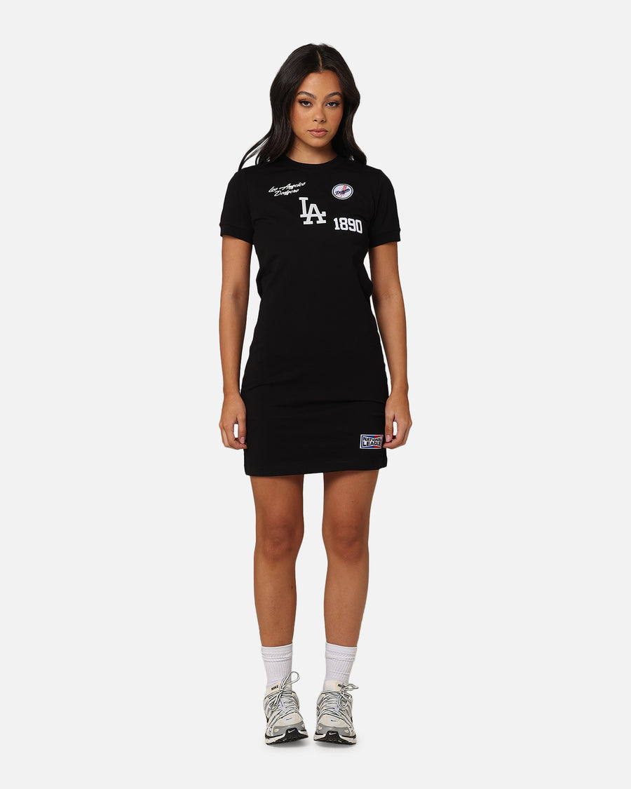 dodgers t shirt dress Women's Los Angeles Dodgers Lusso White Nettie Raglan Half-Sleeve Tri-Blend T-Shirt Dress