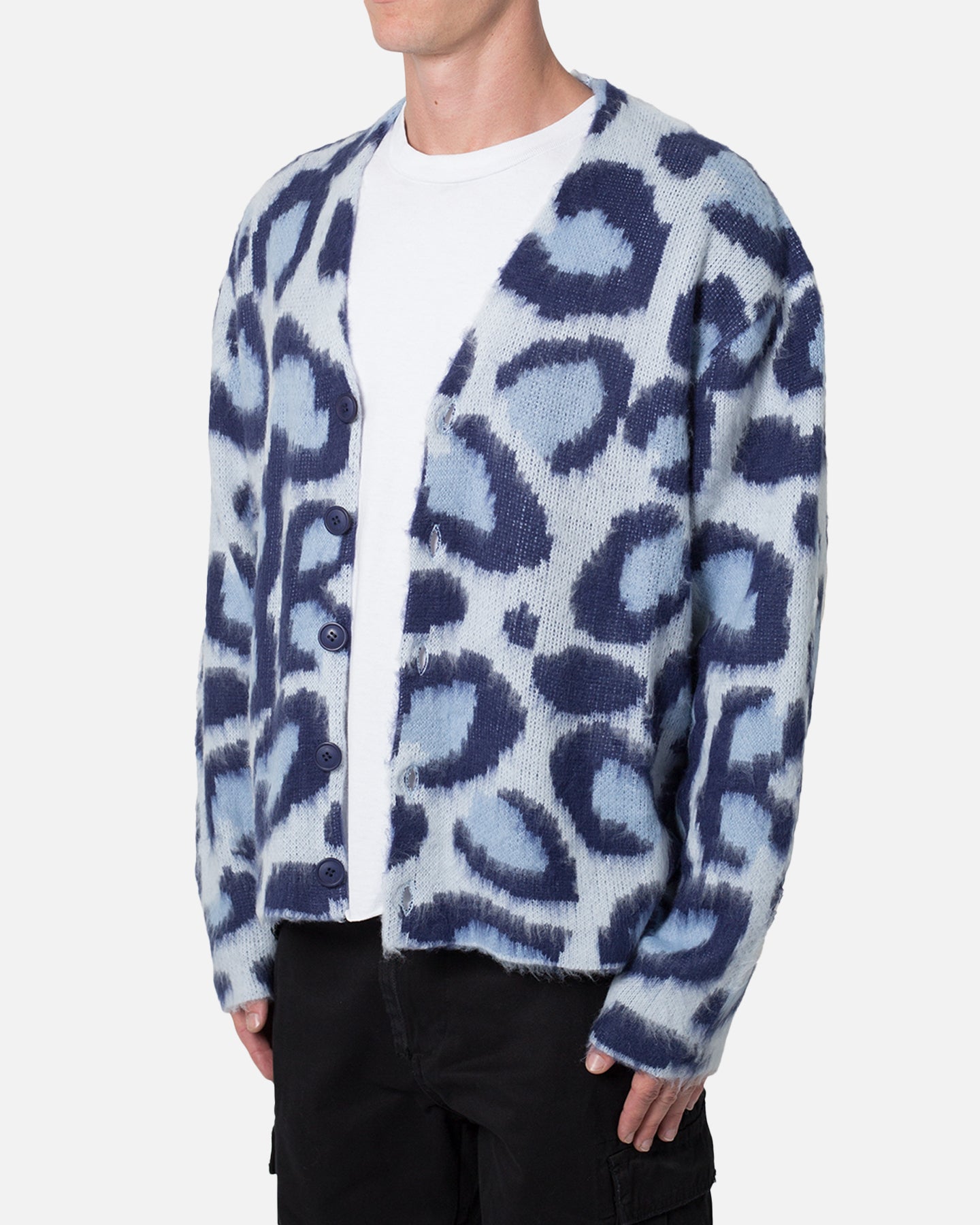 MNML Mohair Leopard Cardigan Sweater Blue | Culture Kings US