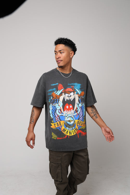American Thrift X Looney Tunes Taz Motorcycles Heavyweight Vintage T-Shirt Black Wash