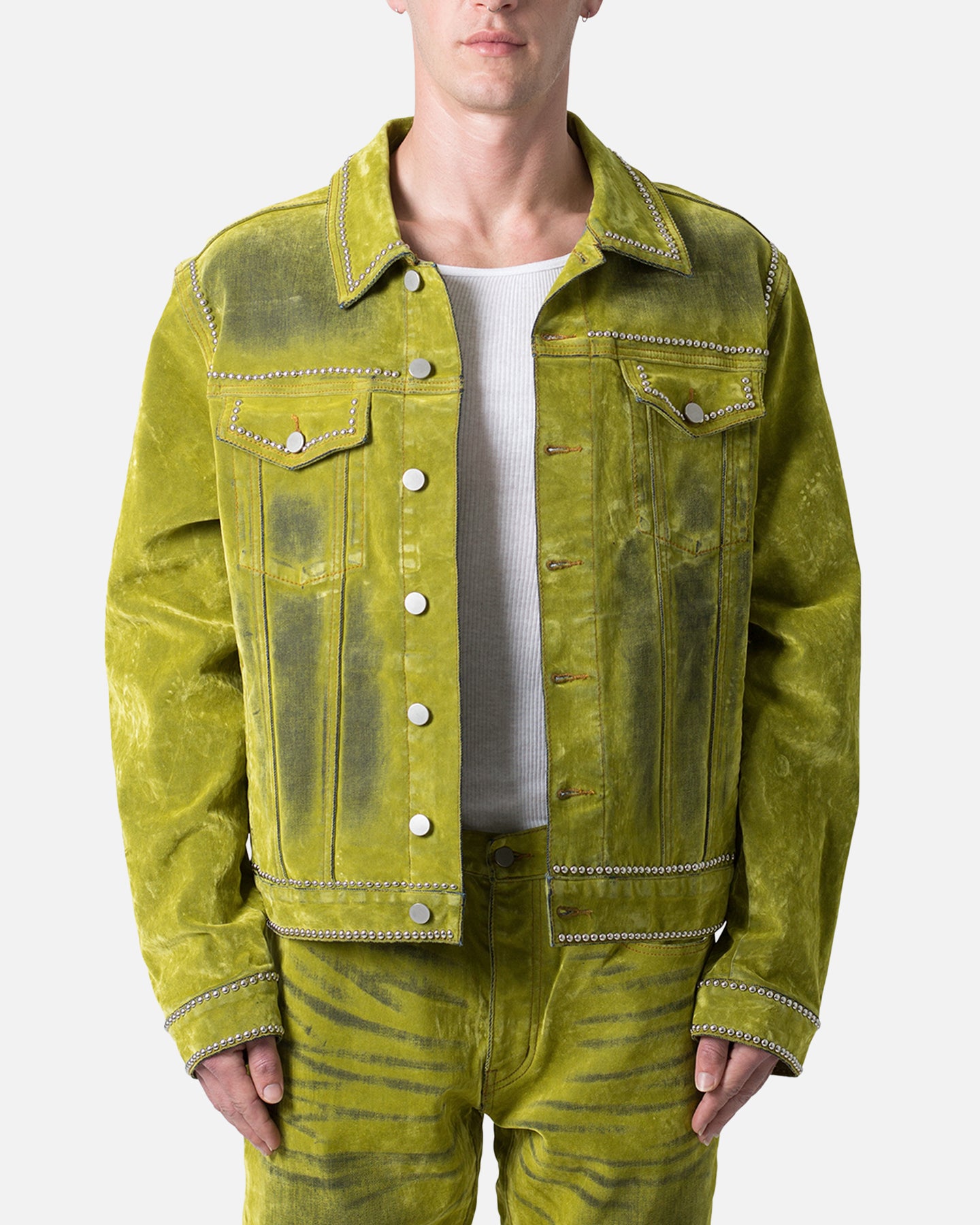 MNML Studded Suede Denim Jacket Green | Culture Kings US
