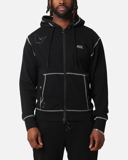 Felt Contrast Stitched Full Zip Hoodie Black