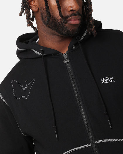 Felt Contrast Stitched Full Zip Hoodie Black