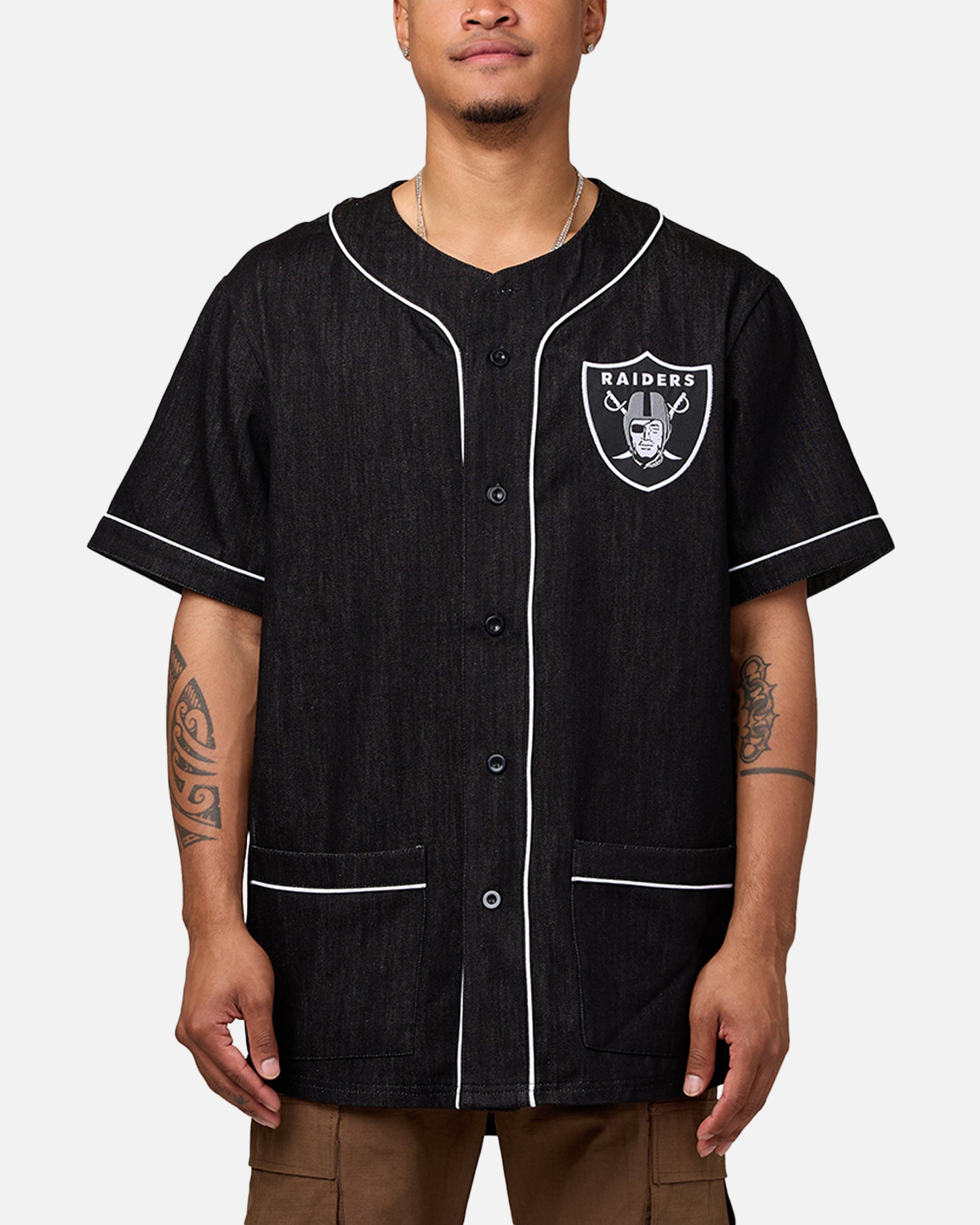Majestic Athletic Las Vegas Raiders Denim Button Up Shirt Washed