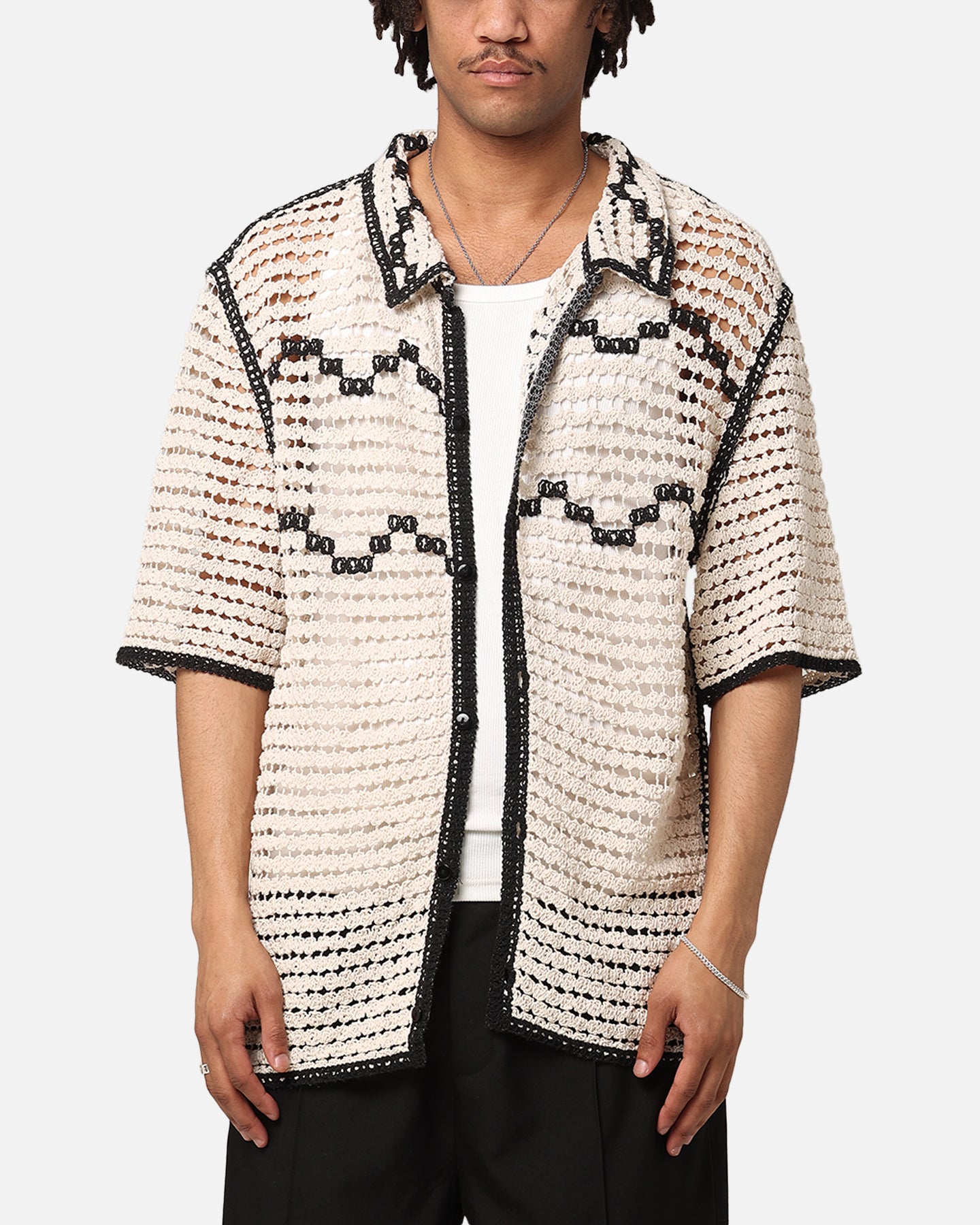 XXIII Western Crochet Button Up Shirt Cream/Black | Culture Kings US