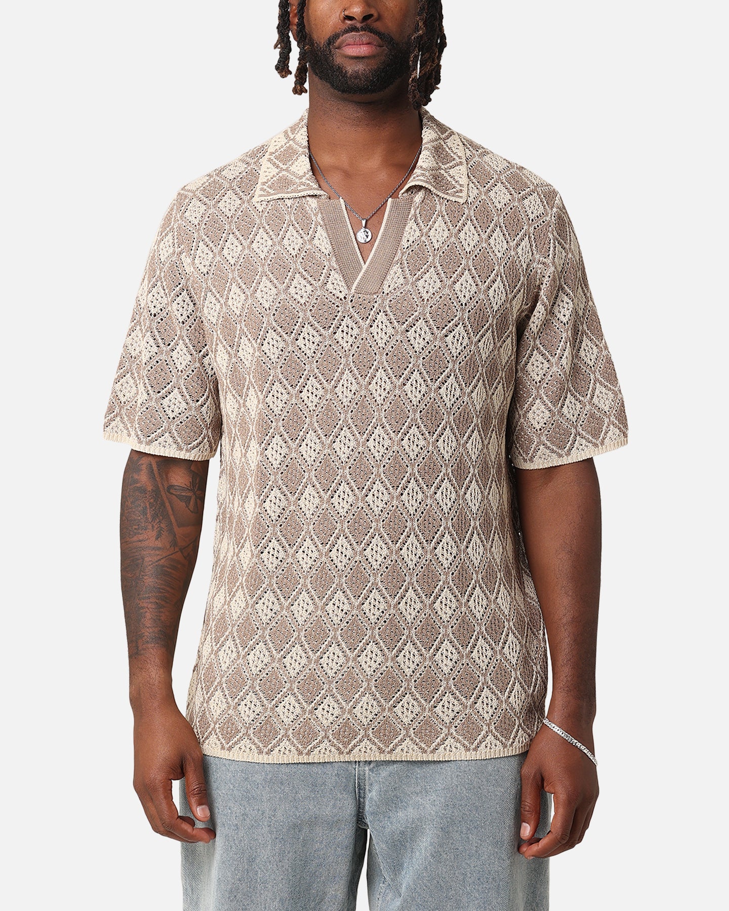 XXIII Diamonds Crochet Polo Shirt Mocha | Culture Kings US