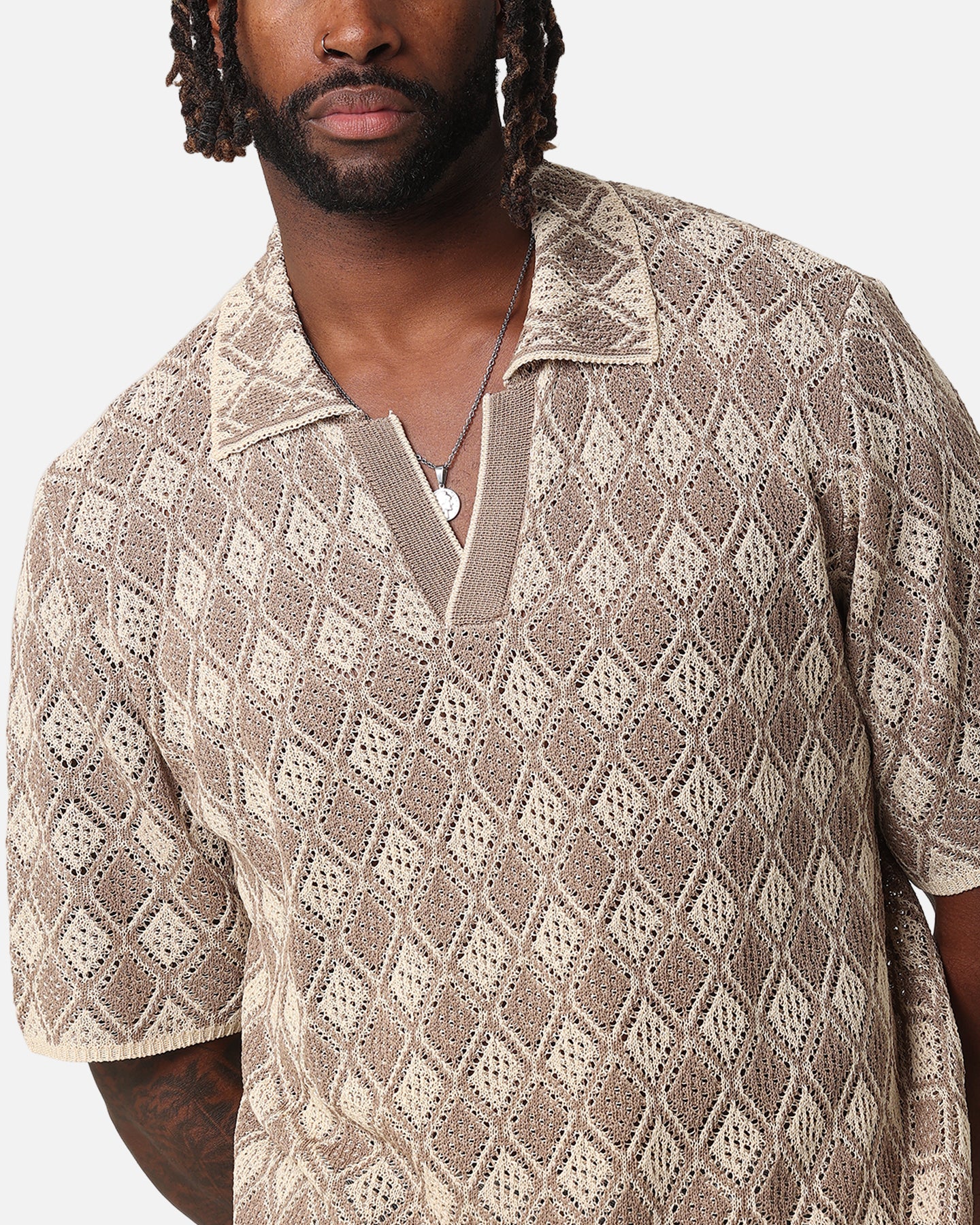 XXIII Diamonds Crochet Polo Shirt Mocha | Culture Kings US