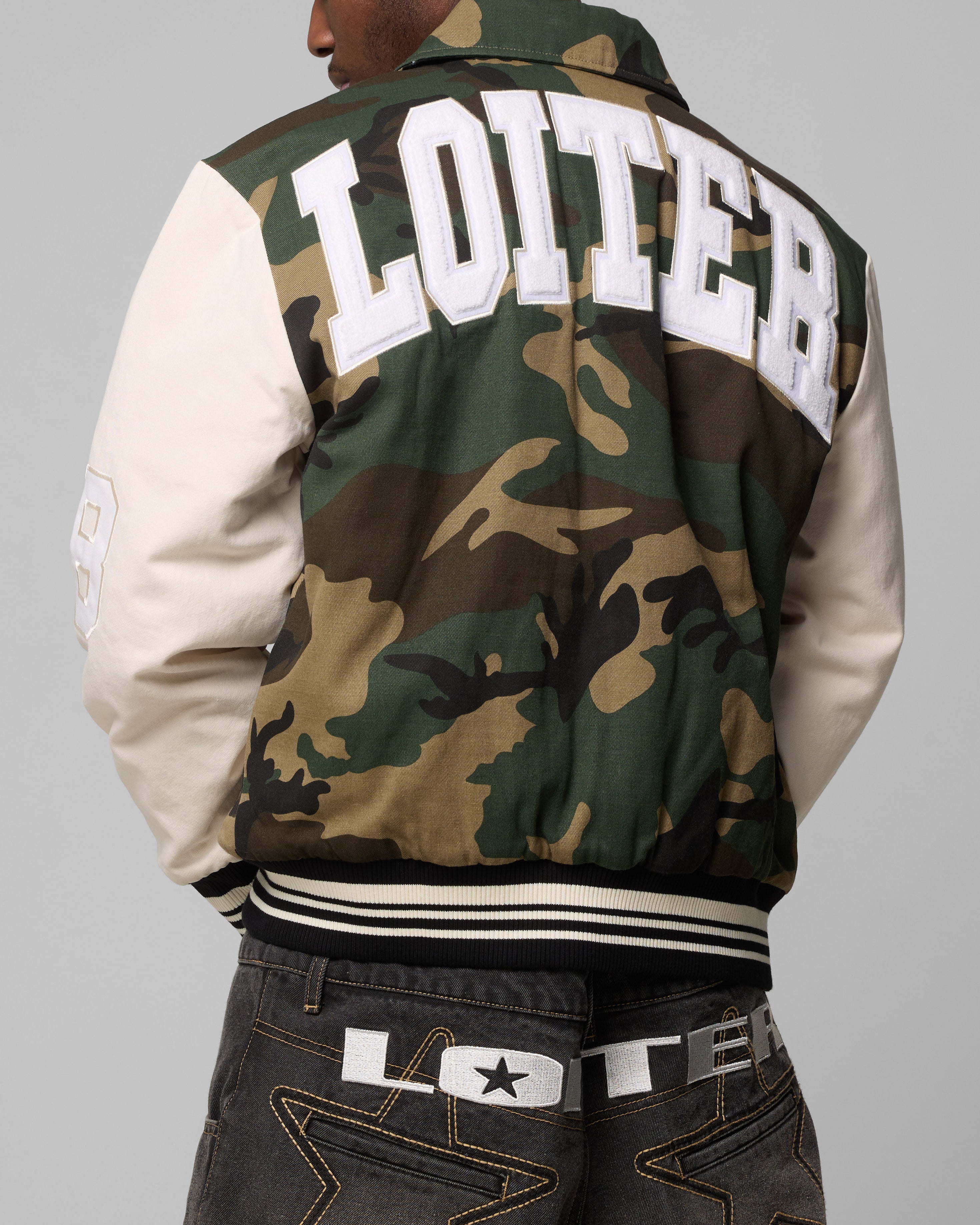 Loiter Star Child Varsity Jacket Woodland Camo | Culture Kings US
