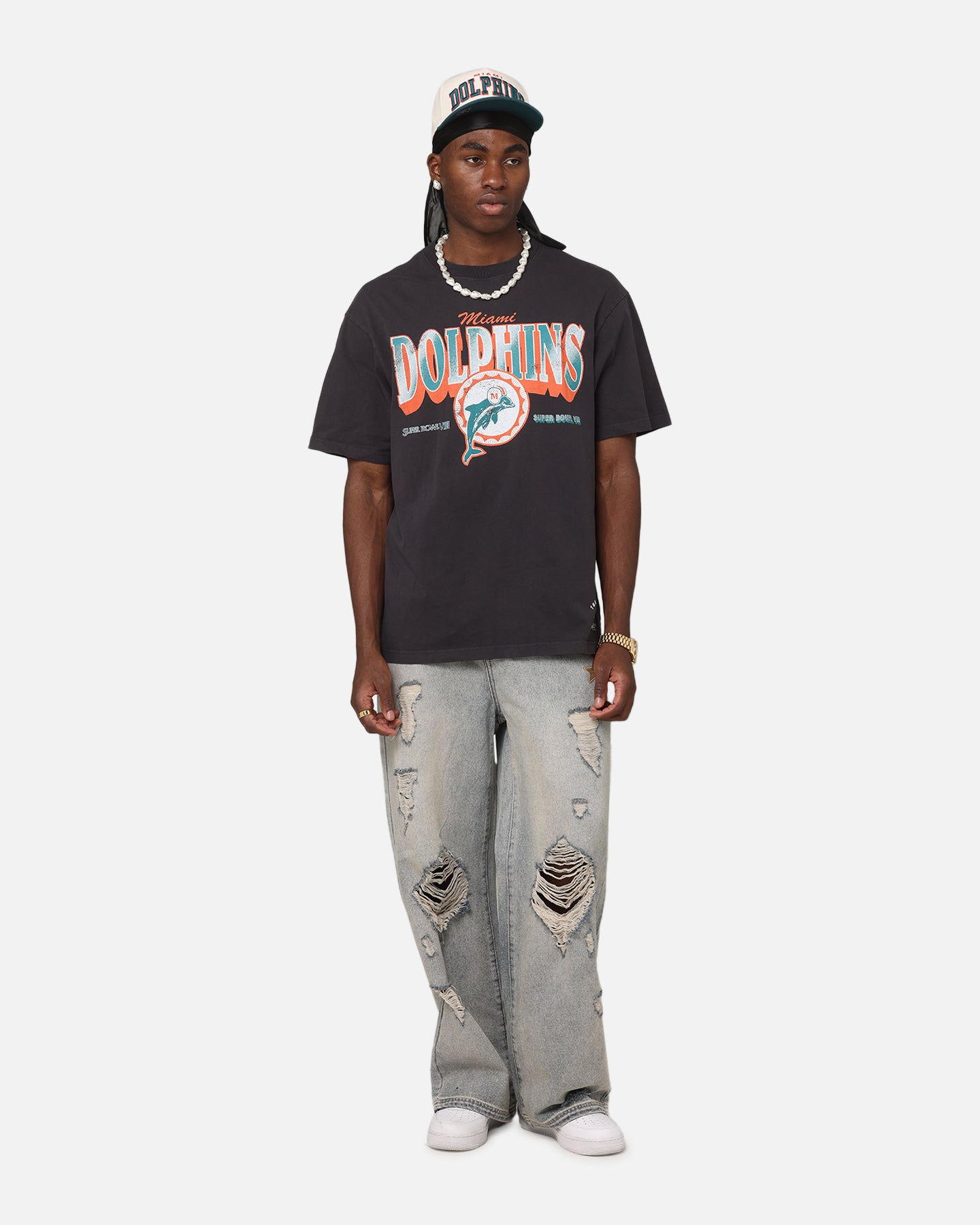 Mitchell & Ness Miami Dolphins Arch T-Shirt Faded Black | Culture