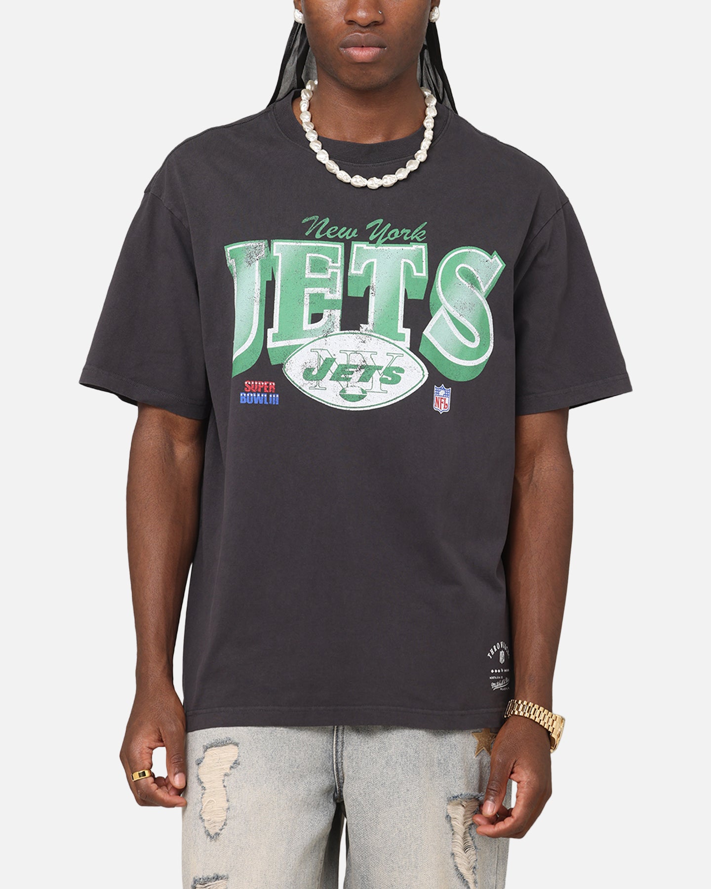 Mitchell & Ness New York Jets Arch T-Shirt Faded Black | Culture