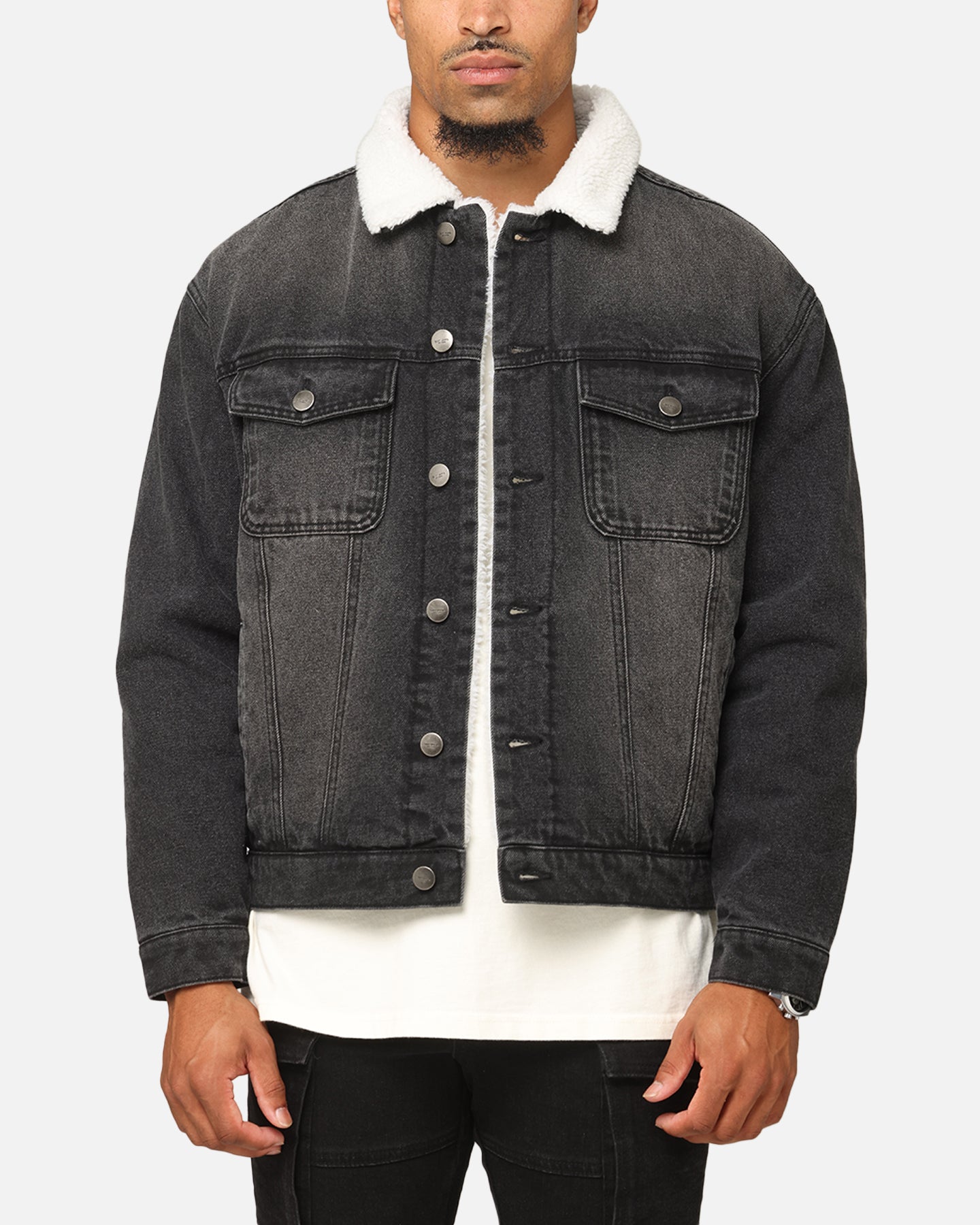 Saint Morta Sherpa Boxy Denim Jacket Black Shadow | Culture Kings US