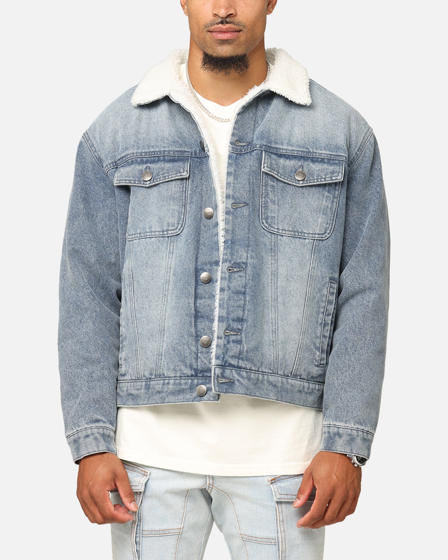Saint Morta Sherpa Boxy Denim Jacket Dirty Denim | Culture Kings US