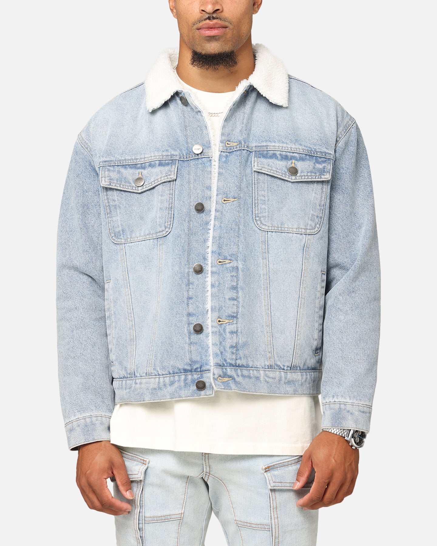 Saint Morta Sherpa Boxy Denim Jacket Superwash Blue | Culture Kings US