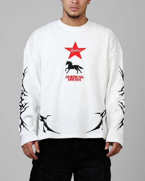Lamp 恋人へインナーゲートフォールドTシャツ Off-White XL Loiter American Dream Waffle Knit Long Sleeve T-Shirt White