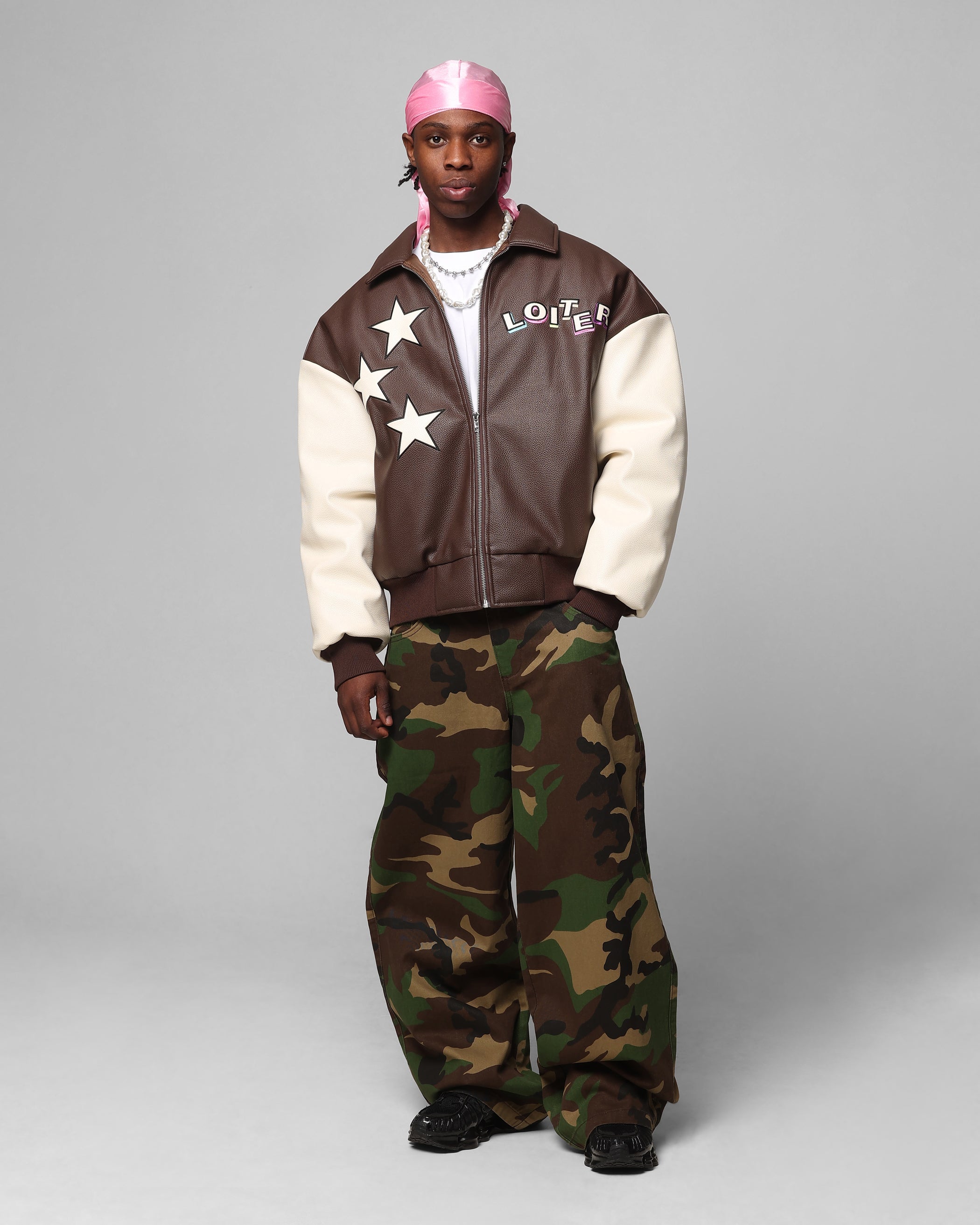 Loiter Solar Vegan Leather Varsity Jacket Brown/Beige | Culture