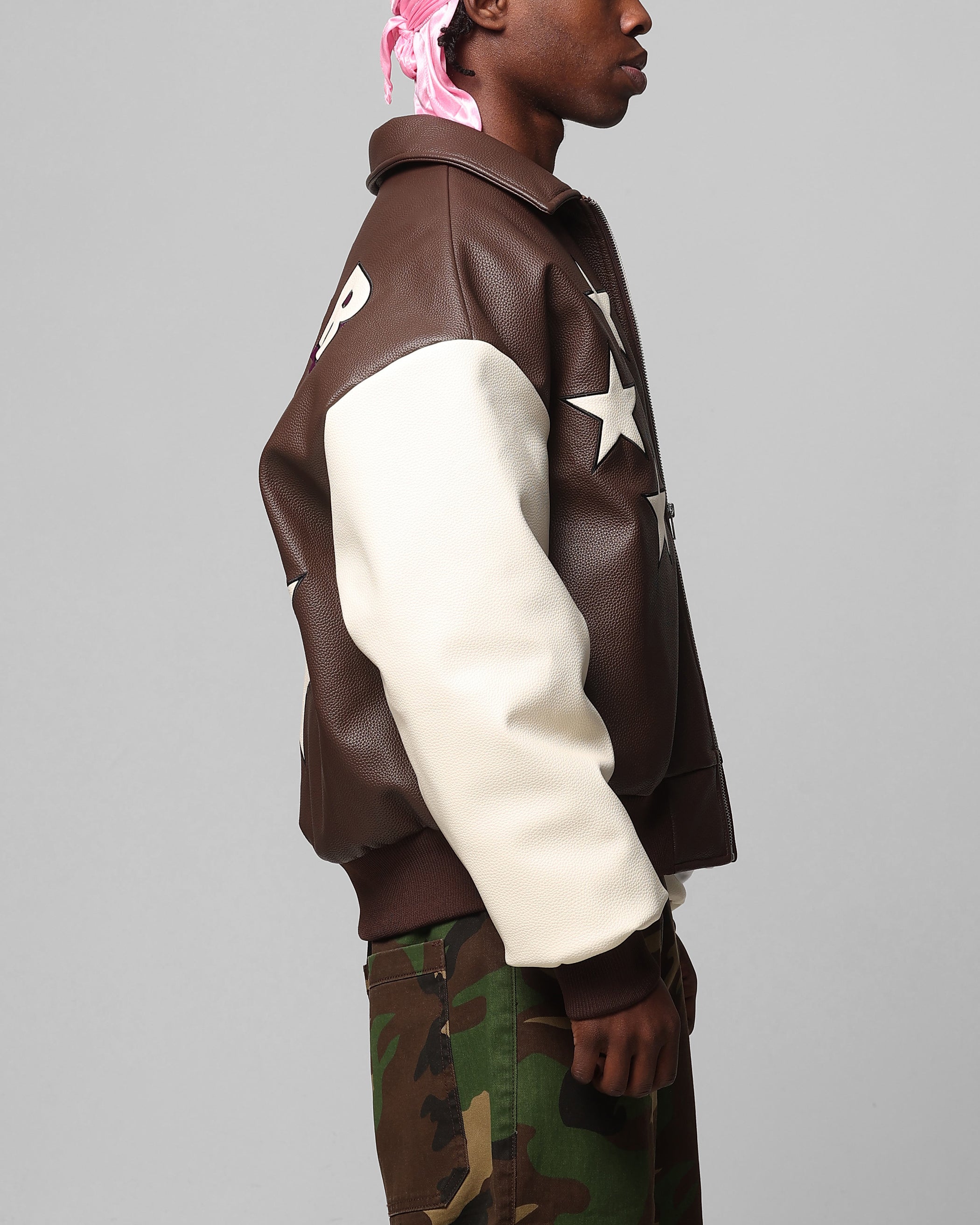 Loiter Solar Vegan Leather Varsity Jacket Brown/Beige | Culture