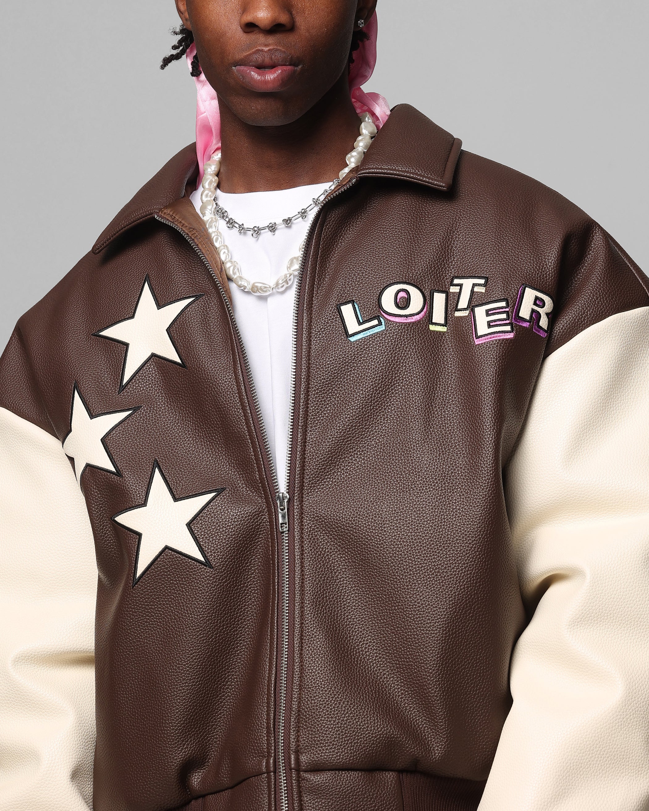 Loiter Solar Vegan Leather Varsity Jacket Brown/Beige | Culture