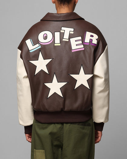 Loiter Solar Vegan Leather Varsity Jacket Brown/Beige