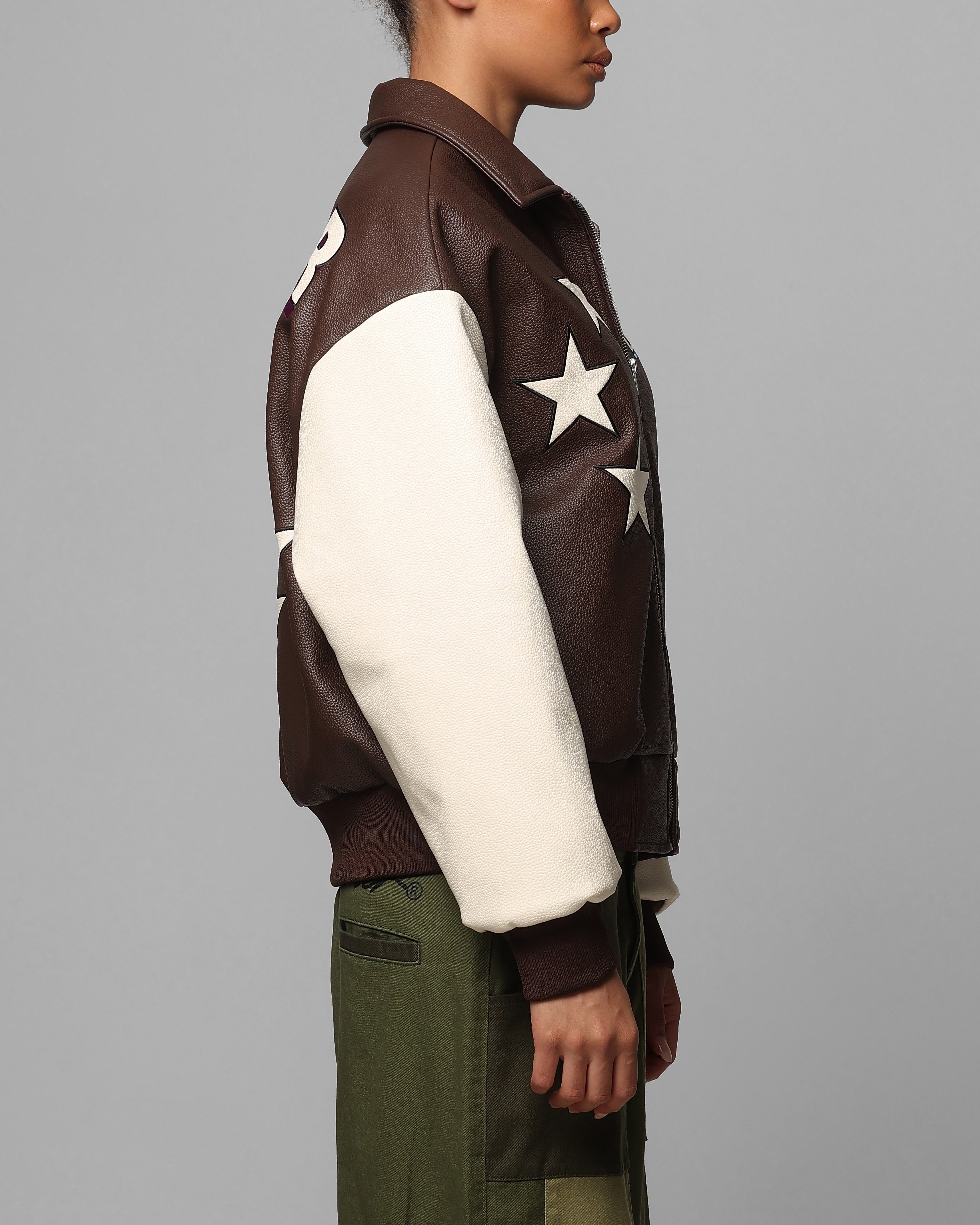 Loiter Solar Vegan Leather Varsity Jacket Brown/Beige | Culture