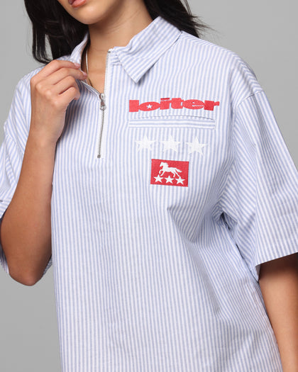 Loiter Rodeo Quarter Zip Up Shirt Blue Pin Stripe
