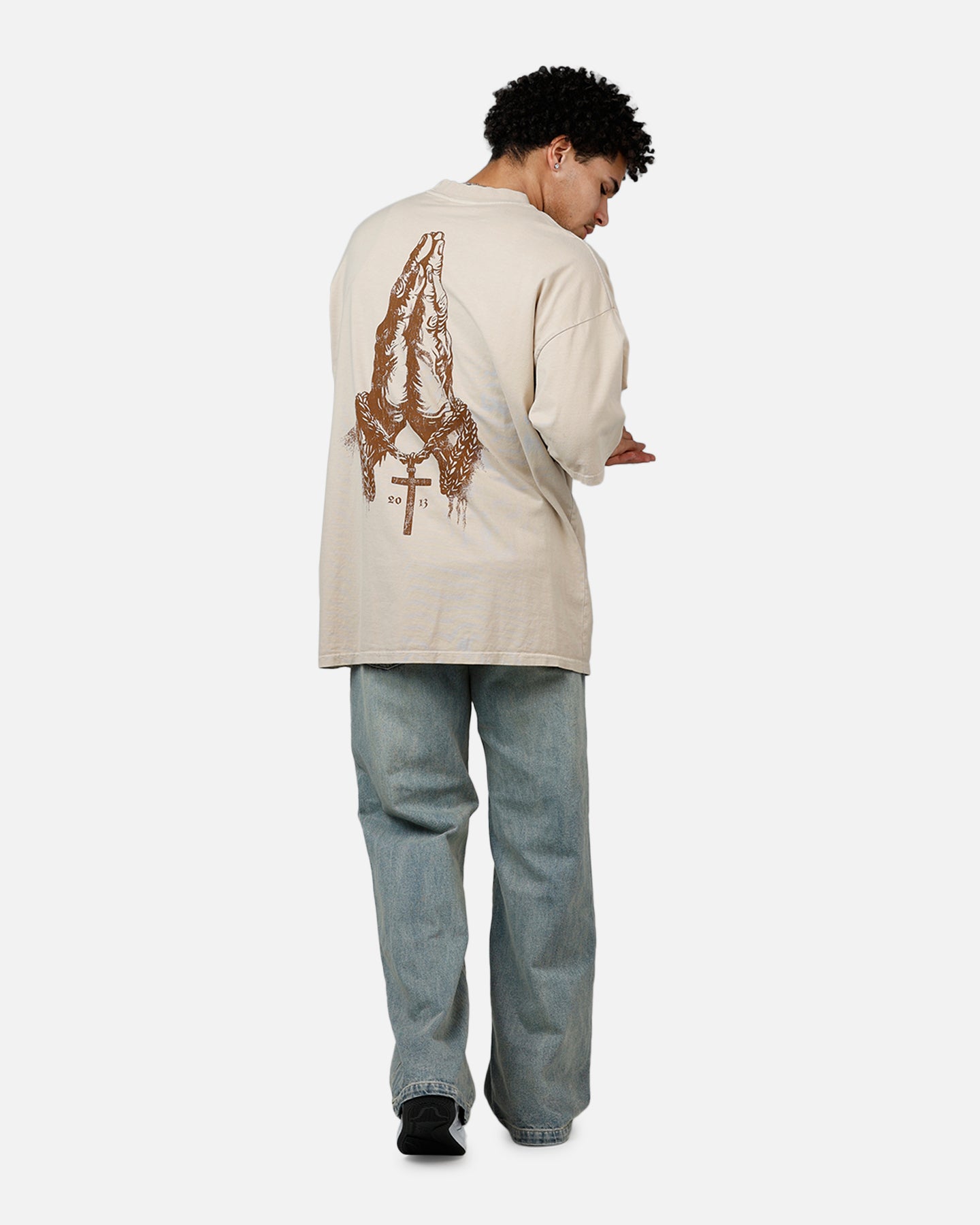 Saint Morta Pray For Me Mock Neck T-Shirt Stone | Culture Kings US
