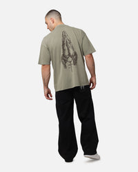 Saint Morta Pray For Me Mock Neck T-Shirt Vintage Khaki
