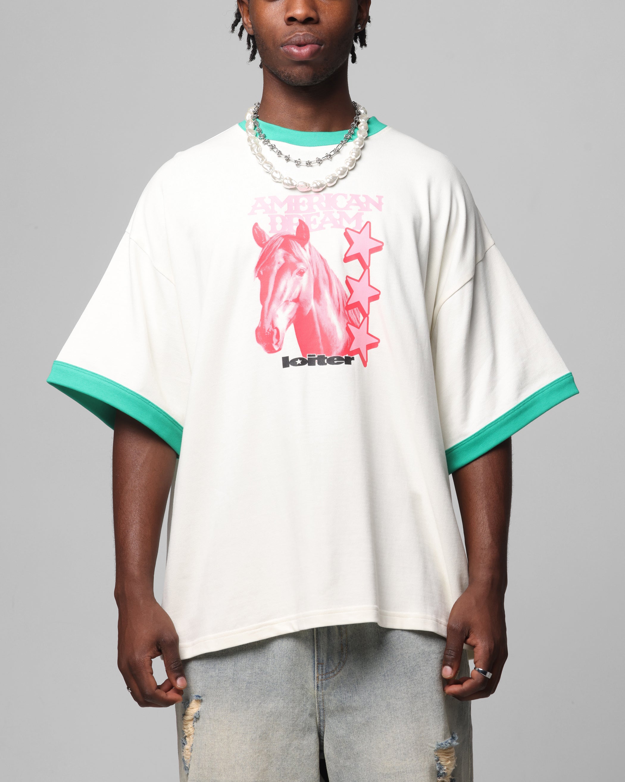 Loiter Western Front Ringer T-Shirt White/Green | Culture Kings US