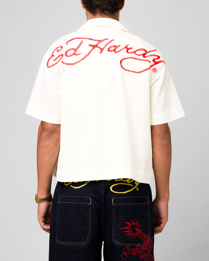 Ed Hardy Flaming Skull Button Up Shirt Off White