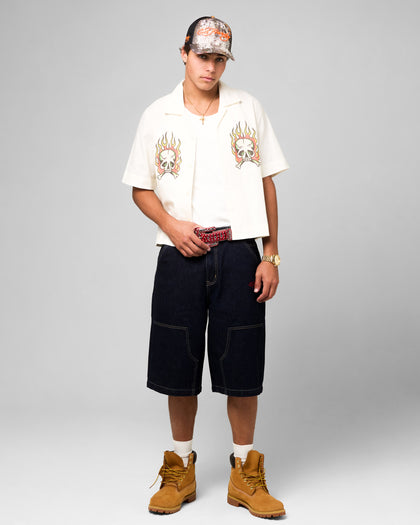 Ed Hardy Flaming Skull Button Up Shirt Off White