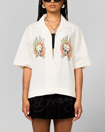 Ed Hardy Flaming Skull Button Up Shirt Off White