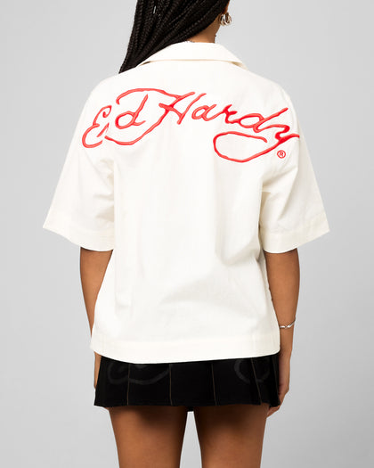 Ed Hardy Flaming Skull Button Up Shirt Off White