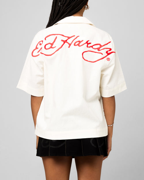 Ed Hardy Flaming Skull Button Up Shirt Off White