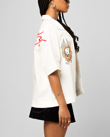 Ed Hardy Flaming Skull Button Up Shirt Off White
