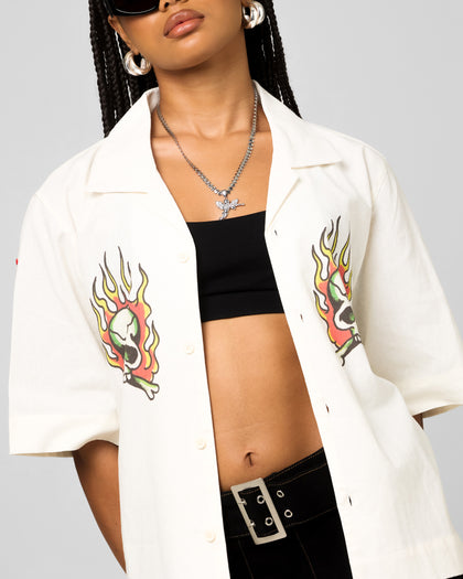 Ed Hardy Flaming Skull Button Up Shirt Off White