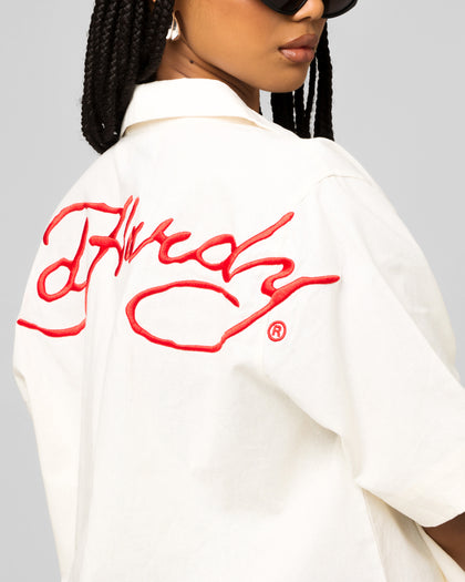 Ed Hardy Flaming Skull Button Up Shirt Off White