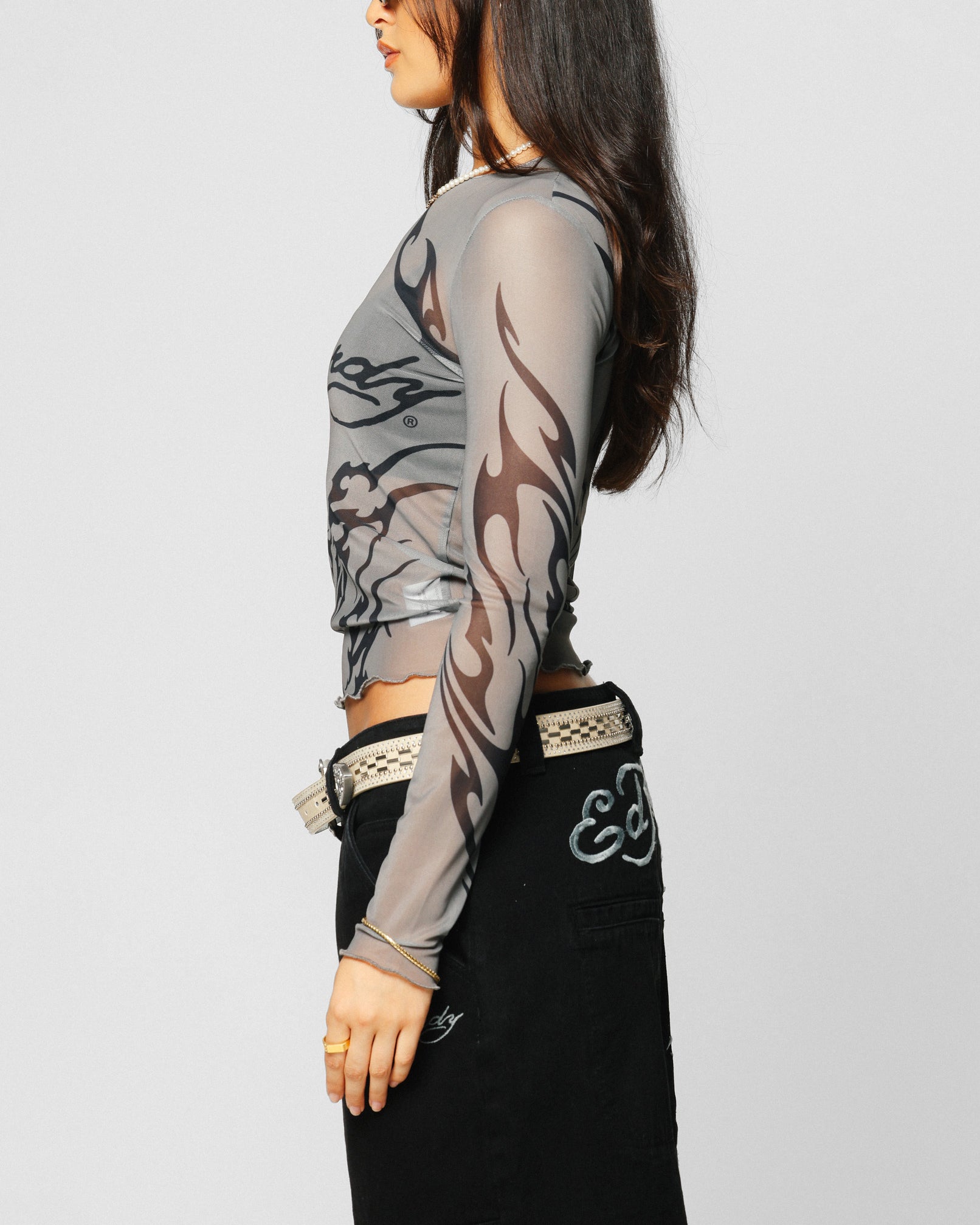 Ed Hardy Women's Techno Long Sleeve Mesh Top Washed Grey | Culture