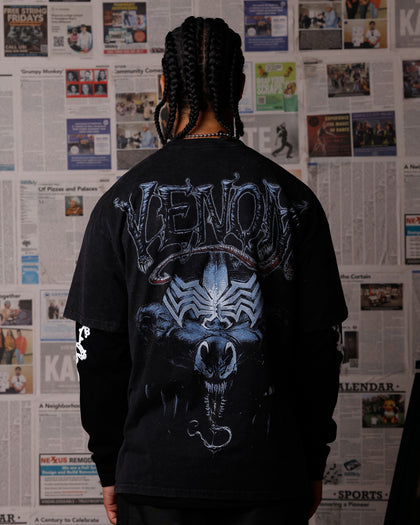Goat Crew Marvel Venom Poster Vintage T-Shirt Black Acidwash