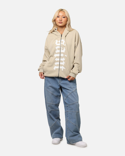 Saint Morta Gothic Distressed Zip Hoodie Stone