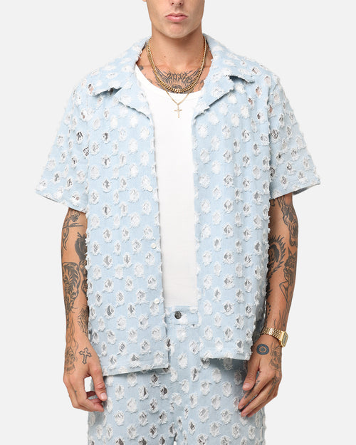 XXIII Lace Textured Denin Button Up Shirt Light Blue