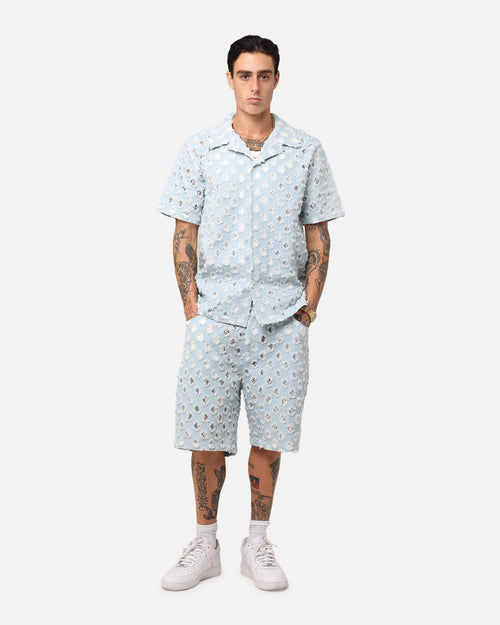 XXIII Lace Textured Denin Button Up Shirt Light Blue