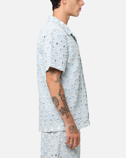 XXIII Lace Textured Denin Button Up Shirt Light Blue