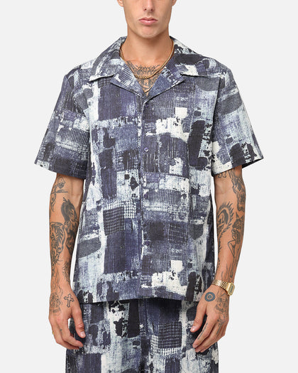 XXIII Printed Denim Patch Button Up Shirt Blue