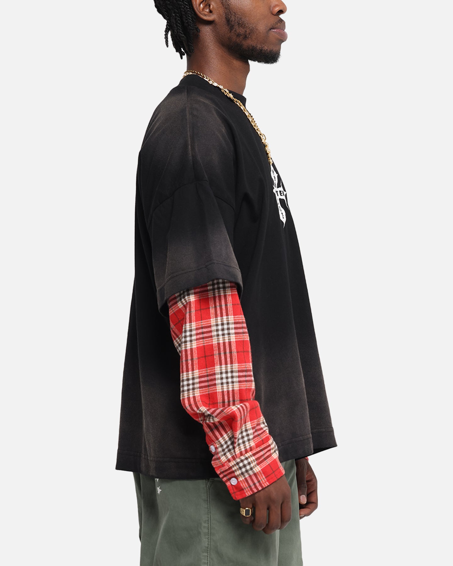 Loiter Layered Flannel T-Shirt Black/Red | Culture Kings US