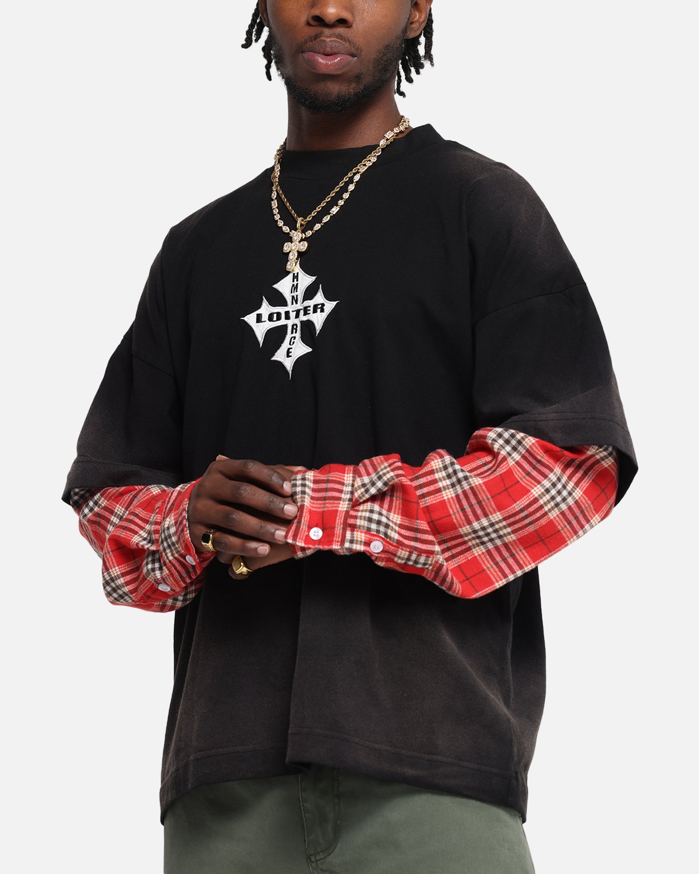 Loiter Layered Flannel T-Shirt Black/Red | Culture Kings US