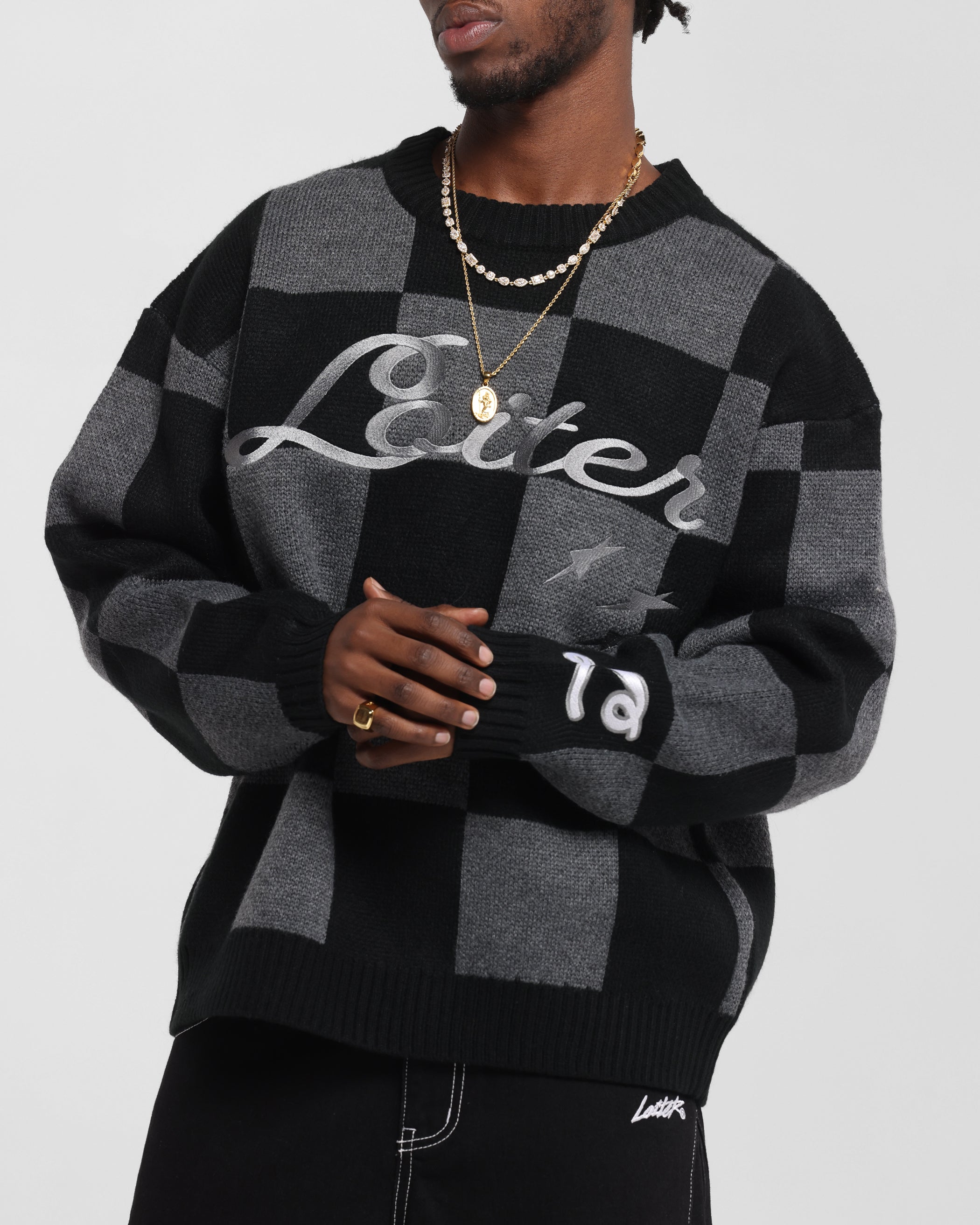 Loiter Checker Knit Sweater Black/Grey | Culture Kings US