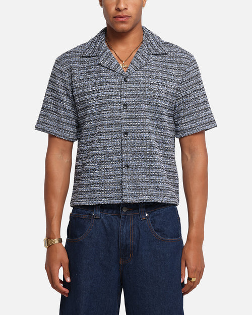XXIII Boucle Tweed Crop Button Up Shirt Black/White/Blue